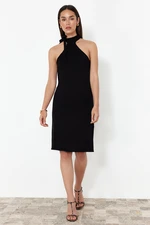 Trendyol Black Plain Knitted Dress with Tie Detail at the Throat