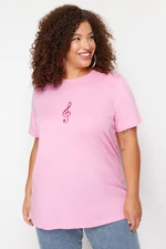 Trendyol Curve Pink Wide Fit Knitted Embroidered T-Shirt