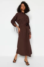 Trendyol Brown Belted Regulowana, szczegółowa, szczegółowa bawełniana sukienka koszulowa