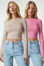 Happiness İstanbul Women's Pink Beige Basic 2-Pack Knitted Crop Blouse