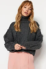 Trendyol Anthracite Crop puha textúrájú garbós kötöttáru pulóver