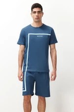 Trendyol Indigo Men's Regular Fit Crew Neck Printed Knitted Pajama Set with Shorts