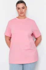 Trendyol Curve Pink Ribbed Collar Boyfriend 100% Cotton Knitted T-shirt