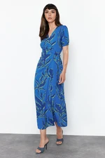 Trendyol Blue Floral Print Double-breasted Viscose Midi Woven Dress