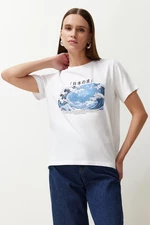 Trendyol White 100% Cotton Ocean Print Regular Cut Knitted T-Shirt