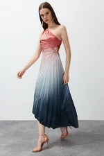 Trendyol Multicolored Asymmetrical Pleat Detailed Knitted Satin Elegant Evening Dress