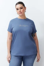 Trendyol Curve Boyfriend 100% Cotton Knitted T-shirt with Indigo Print and Embroidery Detail