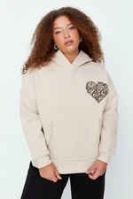 Trendyol Curve Beige Printed Hooded Thick Rayon Knitted Sweatshirt.