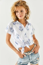 Olalook Women's Windmill Navy Blue Patterned Linen Bat Shirt