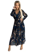 Numoco pleated chiffon long dress with neckline, long sleeves and belt