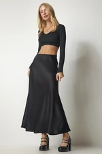 Happiness İstanbul Women's Black Satin Surface Long Skirt