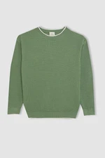 DEFACTO Boy Green Crew Neck 100% Cotton Basic Plain Knitwear Sweater