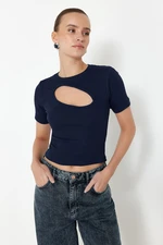 Trendyol Navy Blue Cut Out Fitted Crew Neck Crop Ribbed Stretchy Knitted Blouse