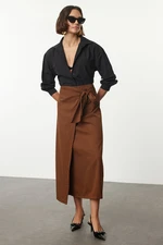 Trendyol Brown Double Breasted Tie Detailed Linen Look Woven Skirt