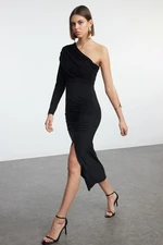 Trendyol Black Plain Maxi Single Sleeve Draped Detail Slit Body-Fitting Flexible Maxi Knit Dress