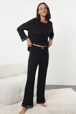 Trendyol Black Ribbon/Bow and Lace Detailed Ribbed Knitted Pajama Set