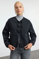 Trendyol Black Front Tie Oversize Denim Jacket