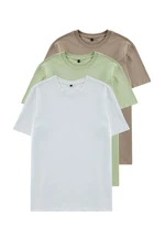 Trendyol Mink-Light Green-White Basic Slim/Slim Cut 100% Cotton 3-Pack T-Shirt