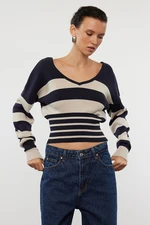 Trendyol Navy Blue Crop Premium Yarn/Special Yarn Striped Thin Knit Sweater