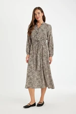 DEFACTO Open Collar Leopard Patterned Buttoned Long Sleeve Viscose Belted Maxi Dress