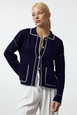 Trendyol Navy Blue Color Block Polo Neck Knitted Cardigan