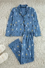 Trendyol Blue 100% Cotton Patterned Knitted Pajama Set