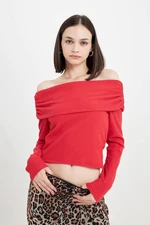 DEFACTO Fitted Bodycon Off Shoulder Ribbed Camisole Red Long Sleeve T-Shirt