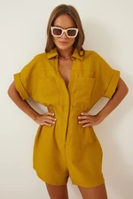 Happiness İstanbul Women's Mustard Linen Viscose Jumpsuit with Shorts TO0009