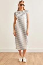 Olalook Women's White Padded Striped Midi Dress