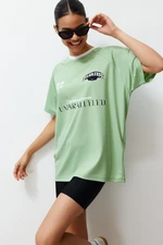 Trendyol Green Oversize Motto Printed Crew Neck Short Sleeve Knitted T-Shirt