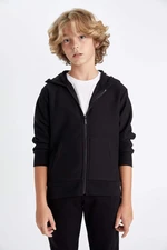 DEFACTO Boy Basic Plain Black Hooded Zippered Pocket School Cardigan X5844a624au