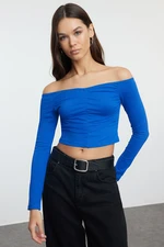 Trendyol Sax Ruffle/Drape Detailed Carmen Collar Crop/Short Fitted/Closed Knitted Blouse