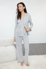 Trendyol Grey Melange Ruffle Detailed Knitted Pajama Set