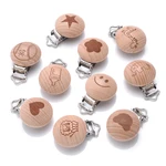 10Pcs Round Printing Beech Wood Teething Clip Chew Soother Pacifier Clip Chain For Nipple Chain Clip Nursing Product Wholesale