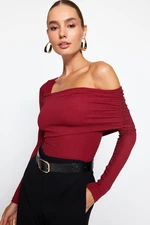 Trendyol Burgundy Asymmetric Collar Detailed Draped Fitted/Situated Crepe/Textured Knitted Bodysuit