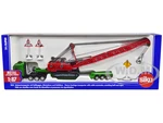 Heavy Haulage Transporter Green and Liebherr Cable Excavator Red with Wrecking Ball and Signs 1/87 (HO) Diecast Models by Siku