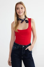 Trendyol Red Square Collar Zero Sleeve Cotton Flexible Fitted/Body-Fitted Knitted Tank Top