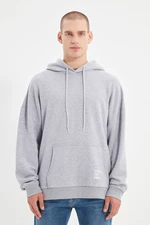 Trendyol Basic Gray Oversize/Wide-Fit Hooded Labeled Fleece Inner Cotton Sweatshirt