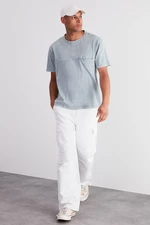 Trendyol Pale Blue Relaxed/Comfortable Fit Weathered/Faded Effect 100% Cotton T-Shirt with Pockets