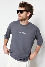 Trendyol Anthracite Oversize Text Printed 100% Cotton T-Shirt