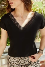 XHAN Women's Black Front Back Lace V-Neck Blouse