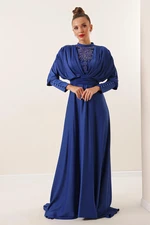 By Saygı Satin Long Dress with Gathered Sleeves, Button Detail, Lined and Beaded Front