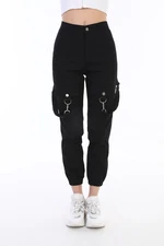 BİKELİFE Black Ring Detail Gabardine Fabric Cargo Pants.