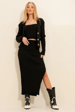 Trend Alaçatı Stili Women's Black Slit Skirt Strap Top and Knitwear Cardigan 3 Piece Set