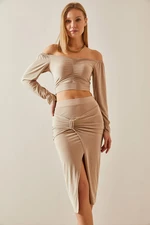 XHAN Beige Bow Detailed Slit Midi Skirt