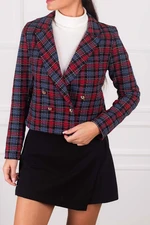 armonika Women's Red Navy Blue Double Breasted Collar Tweed Crop Jacket