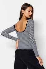 Trendyol Black and White Striped Open-back Fitted/Situated Ribbed Stretch Knit Blouse