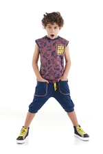 Mushi Sea Boy Sleeveless T-shirt, Navy Blue Capri Shorts Summer Suite.