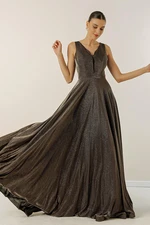 By Saygı V-Neck Imaginary Evening Dress with Tulle and Glittery Lined.