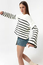 Lafaba Women's White Striped Gold Button Detailed Knitwear Sweater